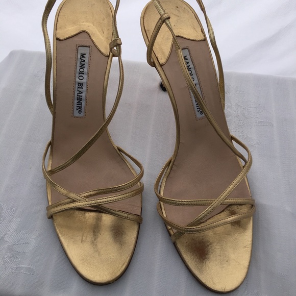 Manolo Blahnik | Shoes | Manolo Blahnik Gold Strappy Sandal 85 395 ...